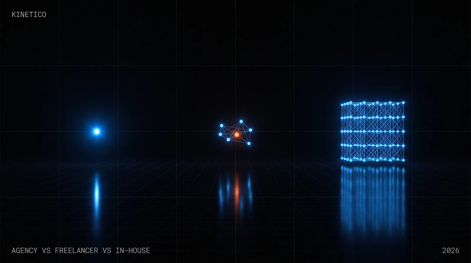 Three structures of increasing density on a dark blueprint grid: a single point of light, a small cluster of connected nodes, and a dense ordered lattice.