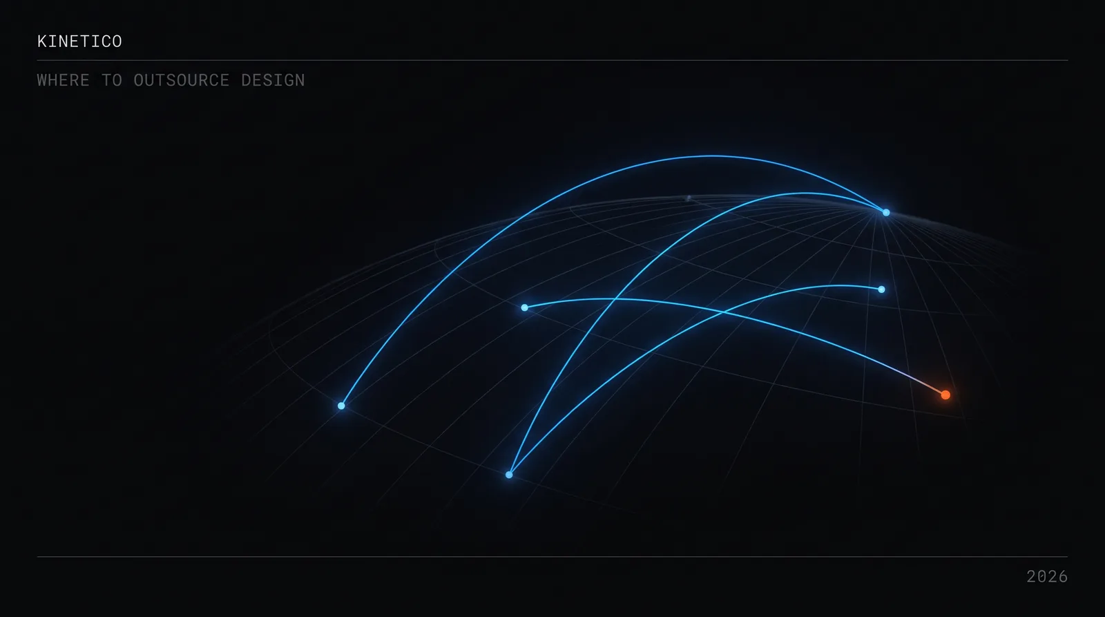 Blue arcs springing between points on a faint curved latitude grid, with one endpoint glowing orange.