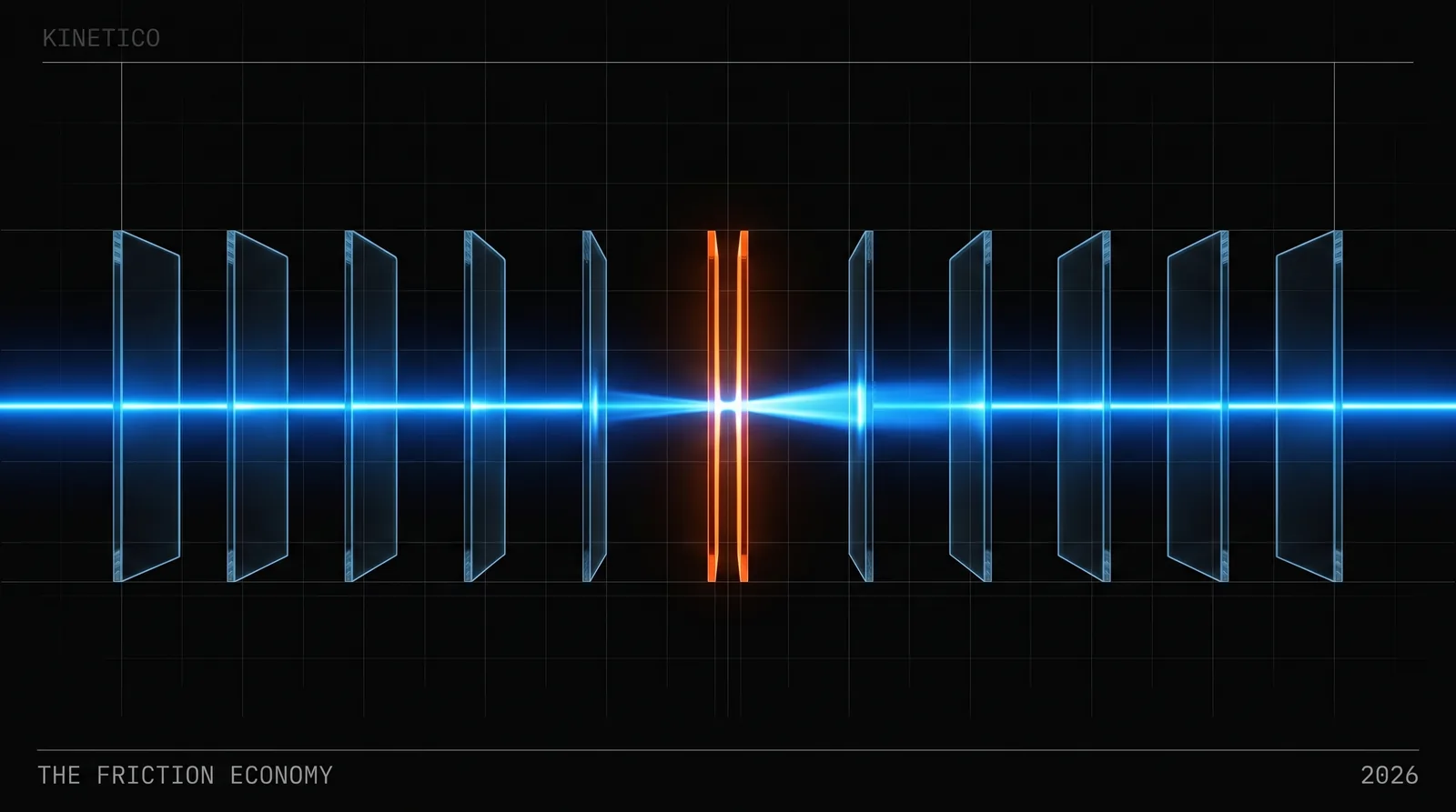A blue beam passing through a row of glass plates on a dark grid, compressing and brightening as it squeezes through one narrow orange-lit aperture.