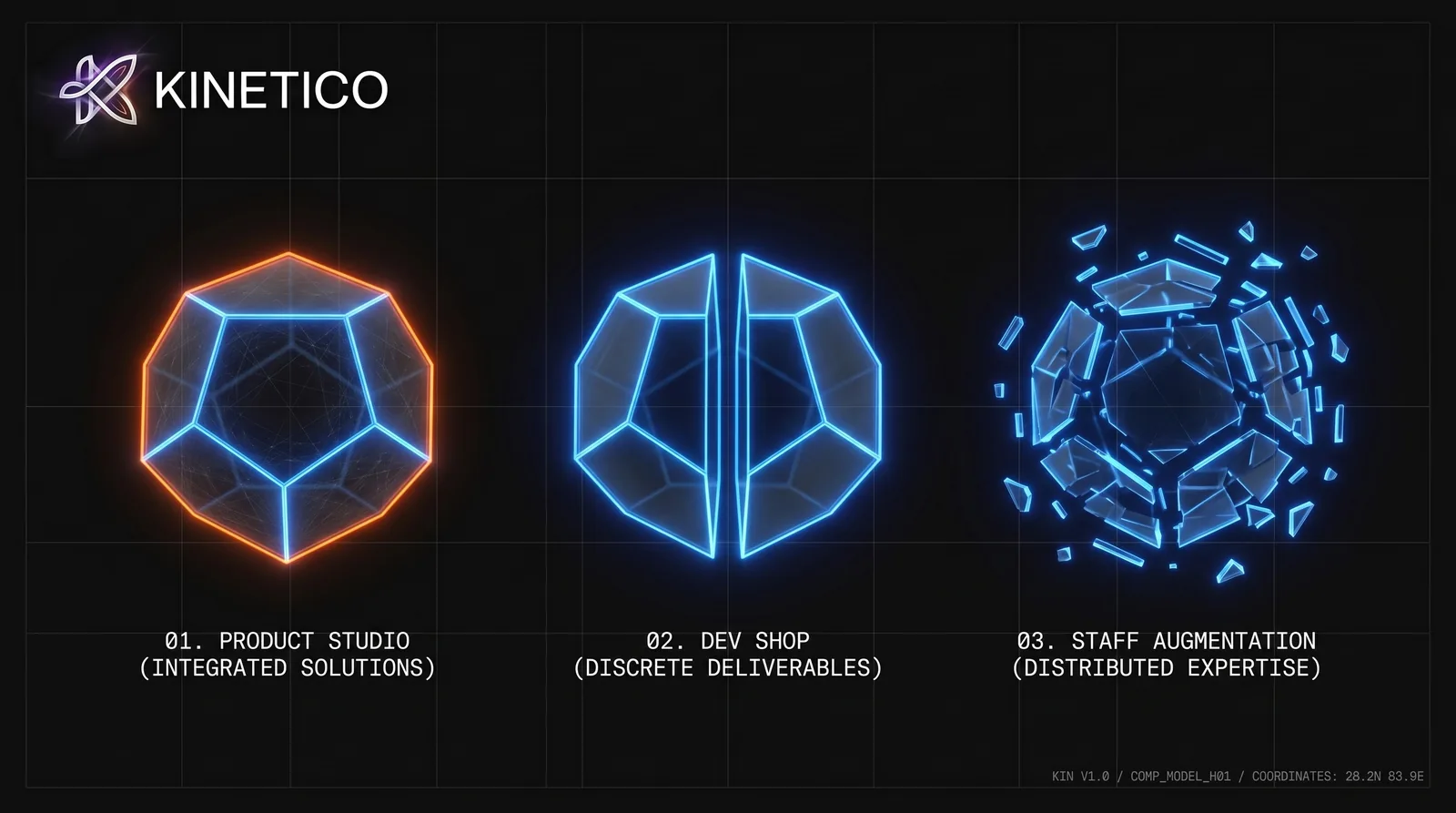 Three glowing polyhedra on a dark grid, labelled product studio, dev shop and staff augmentation — one whole, one split cleanly in two, one dispersing into fragments.
