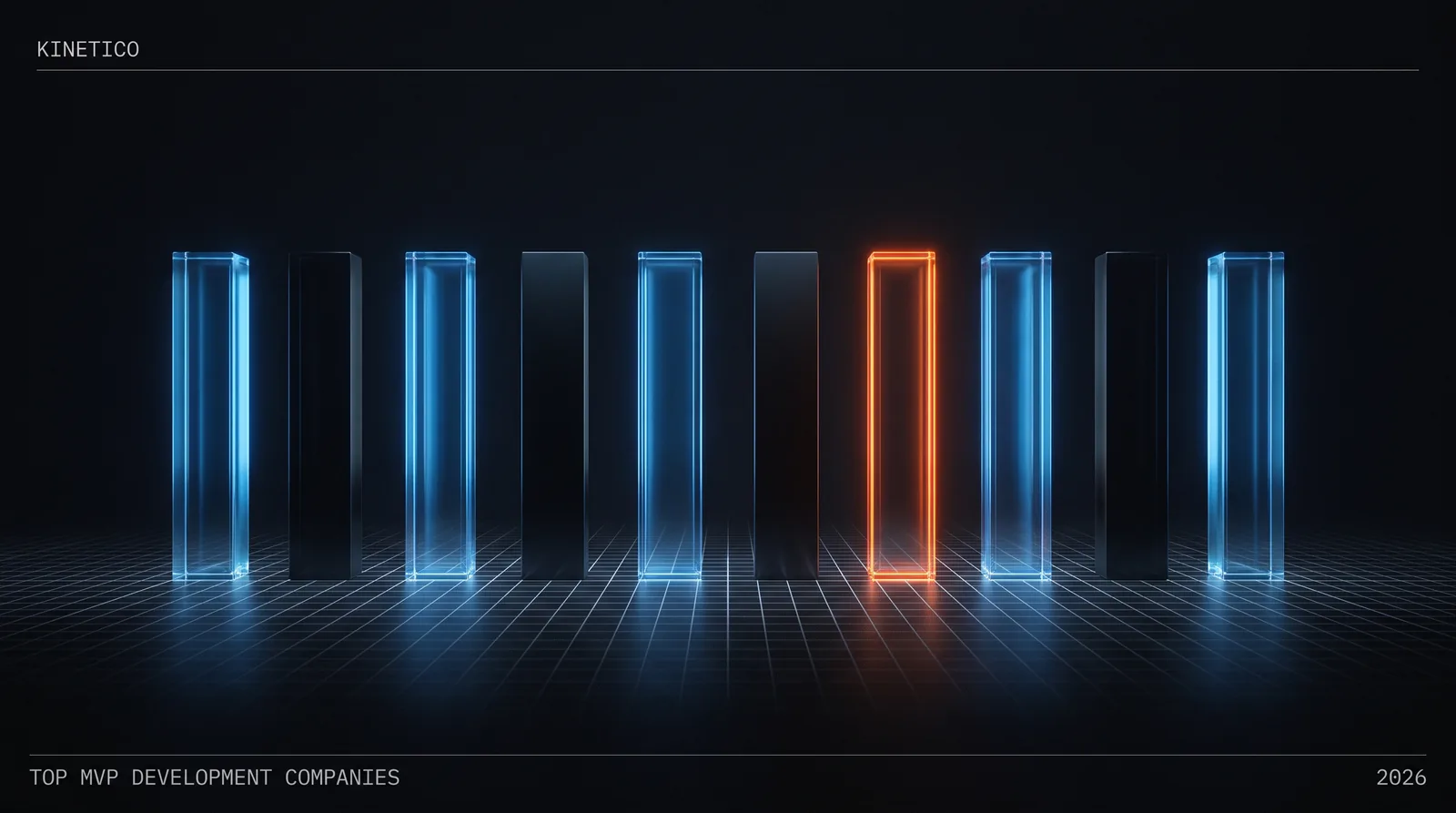 Ten tall glass monoliths in a row on a dark blueprint grid; some lit from within and transparent, others opaque and unlit, one edge-lit in orange.