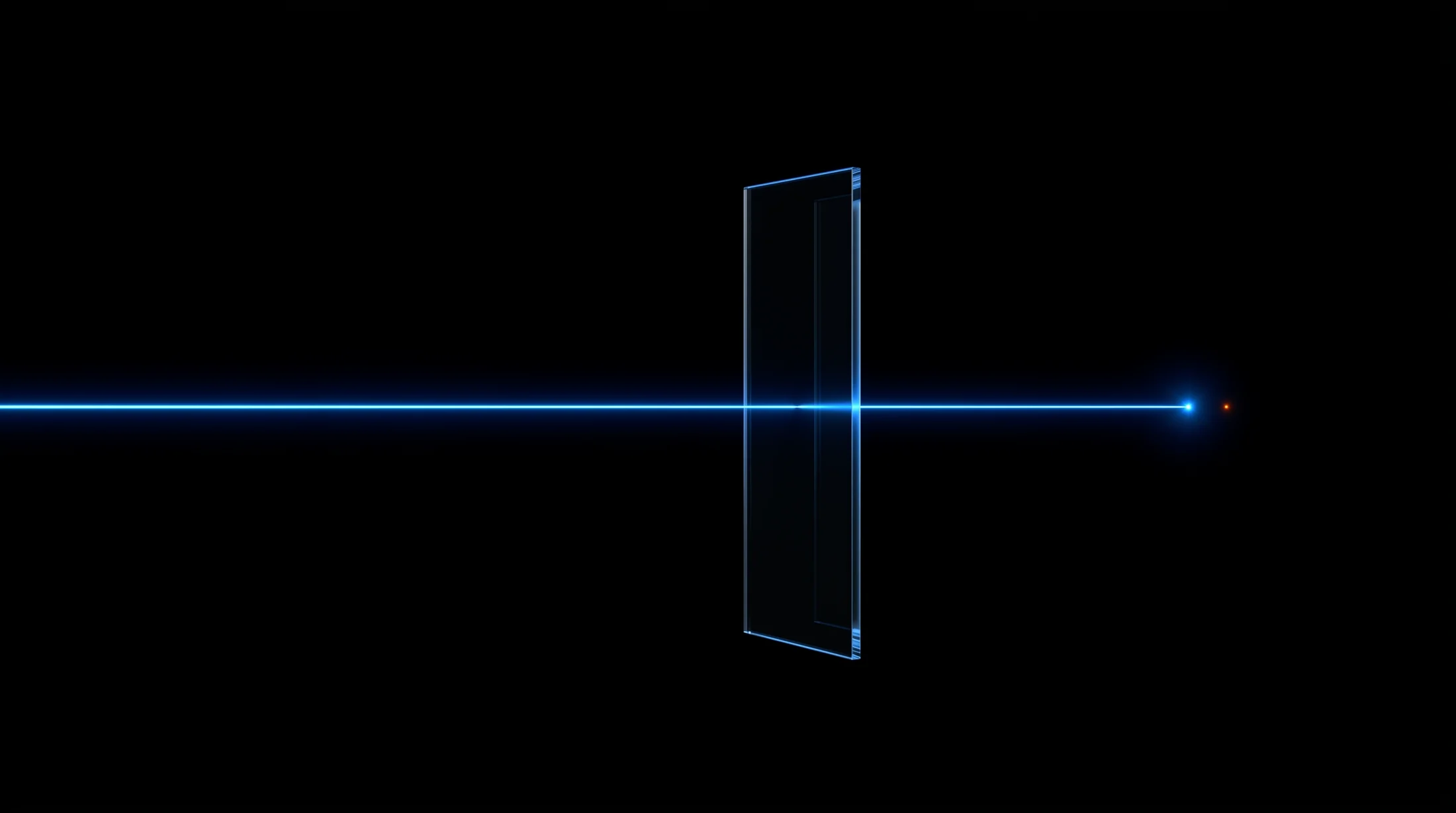 A beam of blue light passing cleanly through a single clear pane of glass and landing as a sharp point