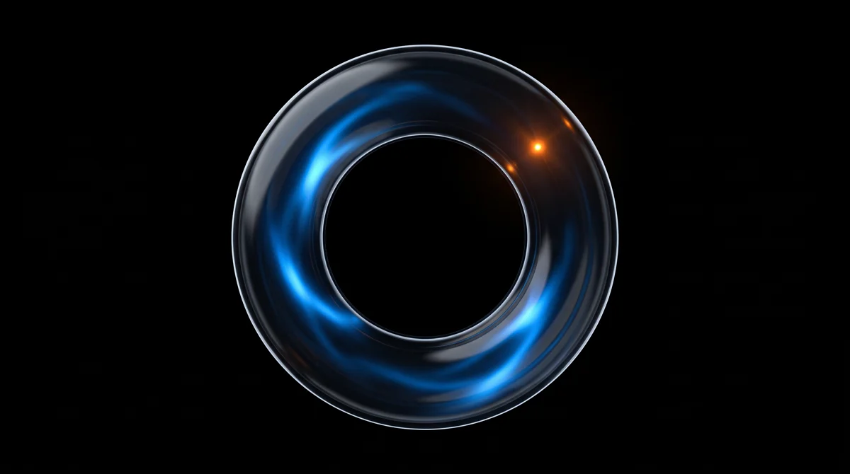 A single ring of smoked glass lit from within in blue, with one point of orange light: the drawing and the finished object are the same piece
