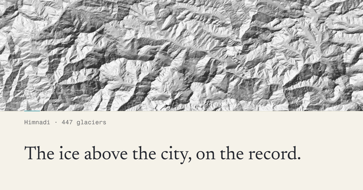Himnadi — relief-shaded terrain of the Gandaki basin above the line 'The ice above the city, on the record.'