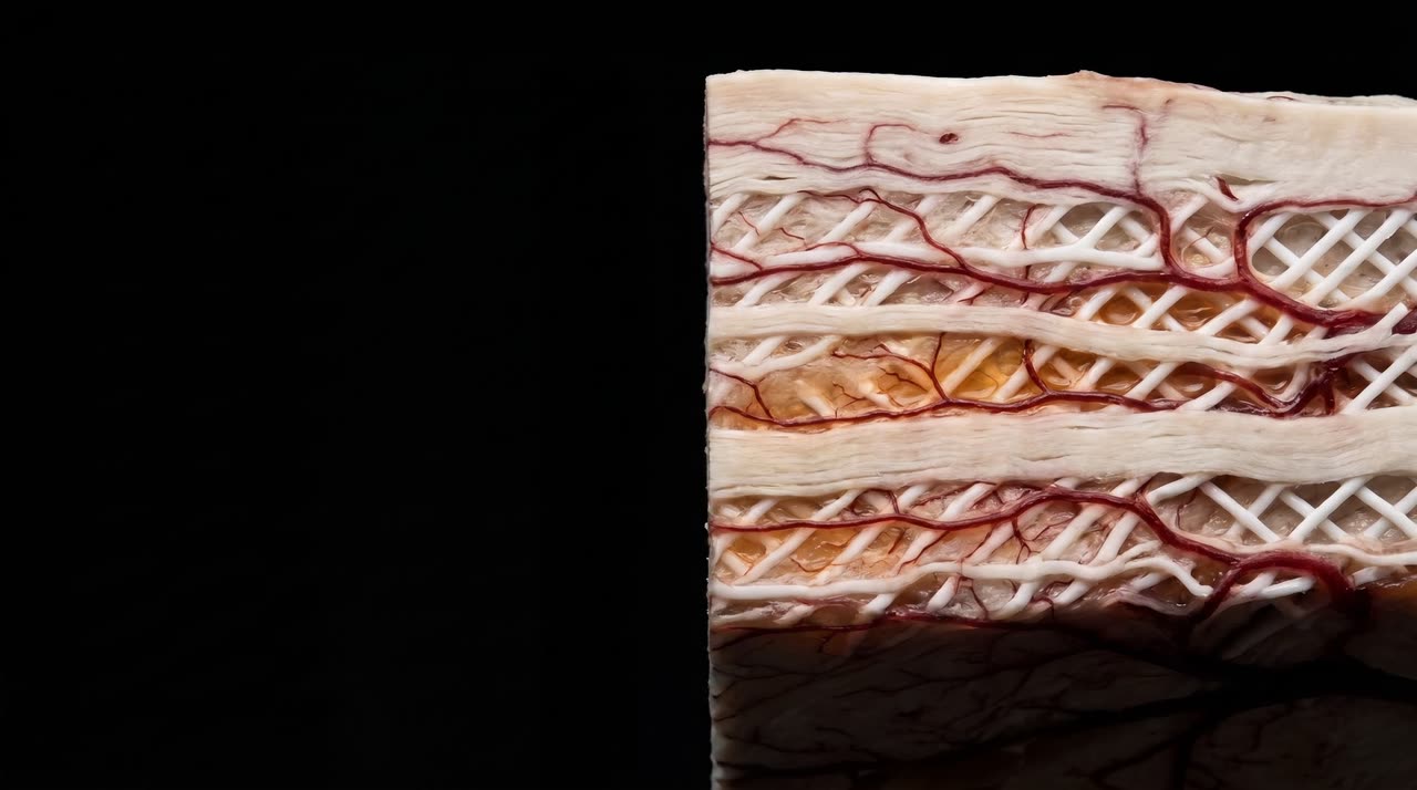 Loam — a sawn section through cultivated substrate showing bone-white strata, red capillaries and an embedded white ceramic lattice against black.
